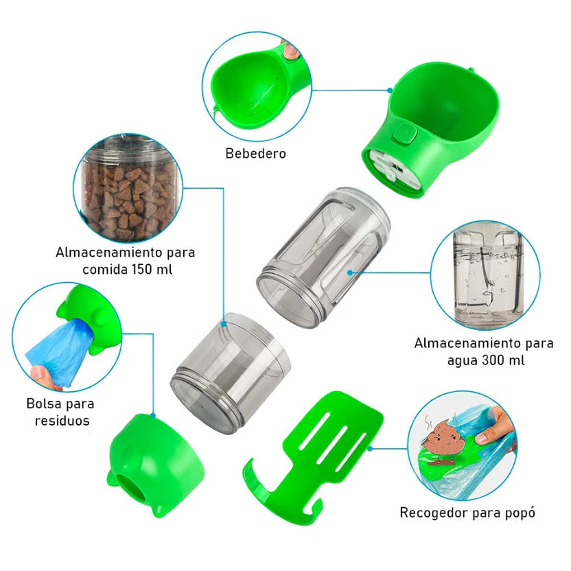 🐾 Botella Portátil 4 en 1 Multifuncional para Mascotas